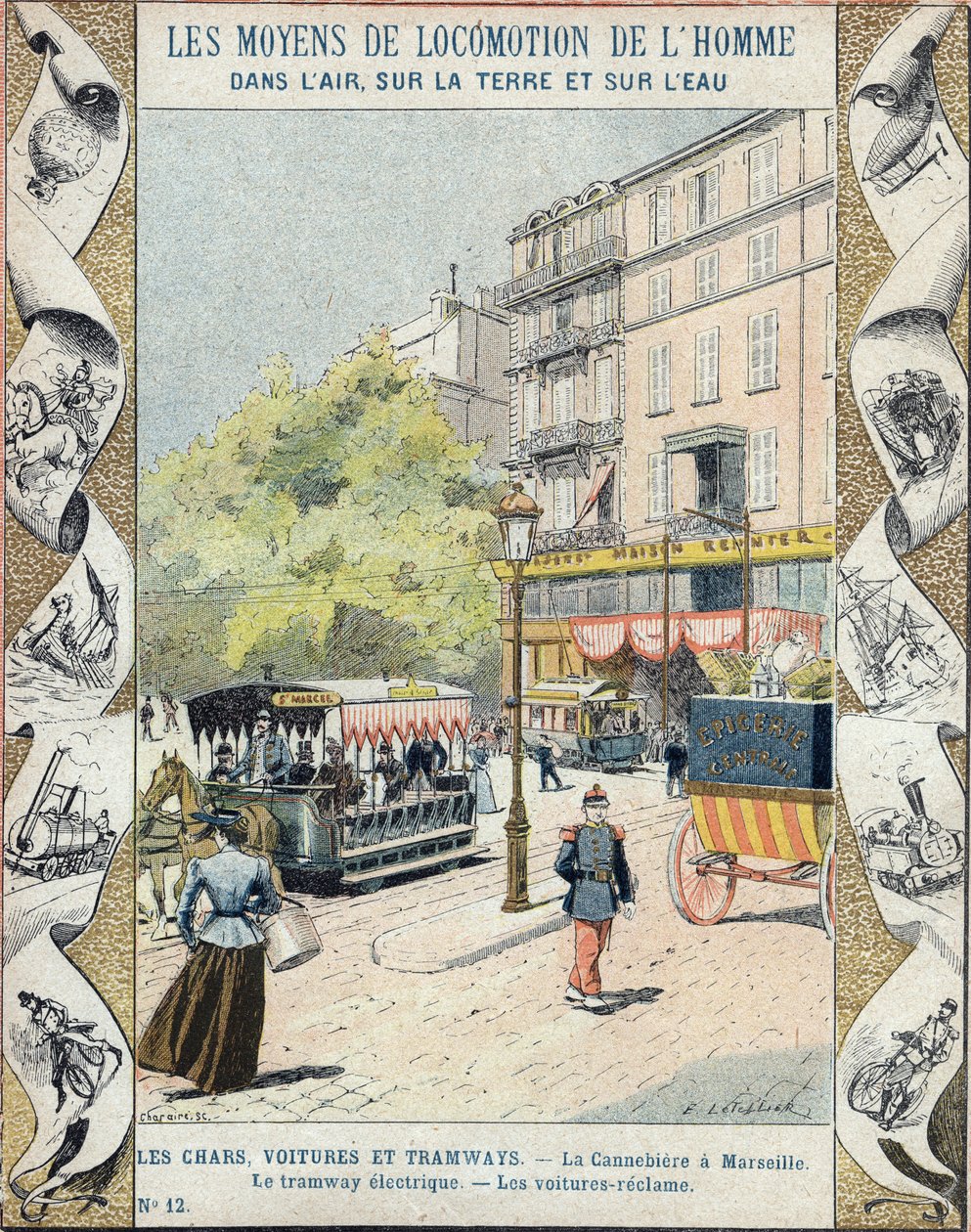 La Canebiere v Marseille - elektrická tramvaj - rekultivace vozů - ilustrace E Letellier - Chraňte historický zápisník, konec 19. století od E. Letellier