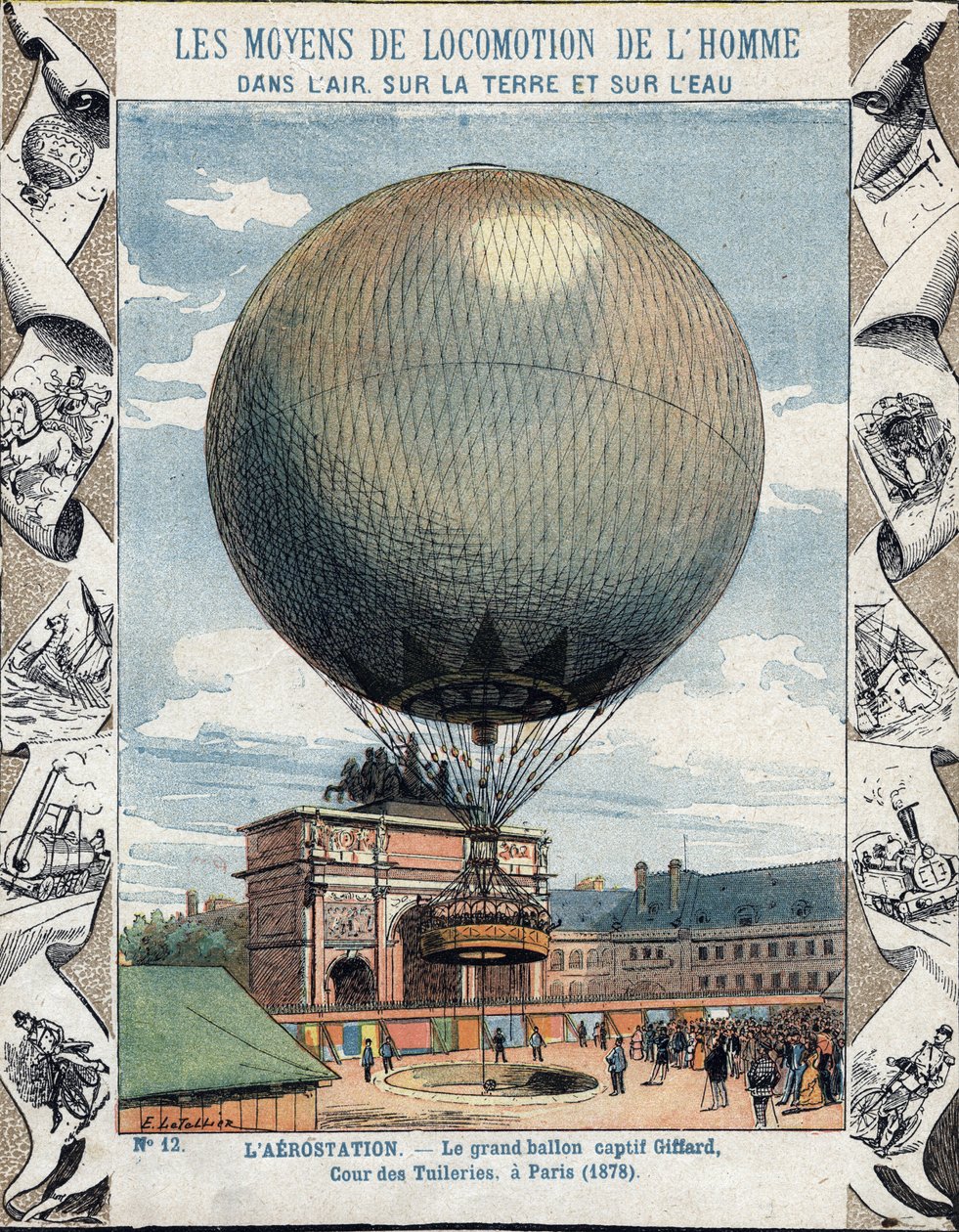 Provoz nafukování a vybavení zajateckého balónu Henryho Giffarda do Tuileries v Paříži 1878 - Z ochranného pouzdra na učebnice, konec 19. století - ilustrace E Letellier - výstava Universlle de 1878 v Paříži: inflace od E. Letellier
