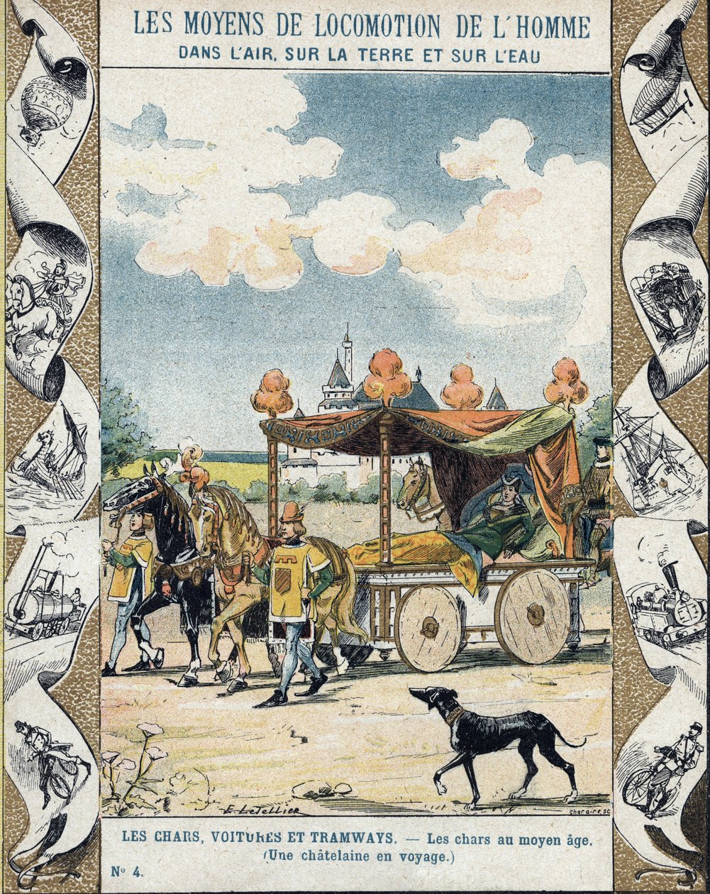 Tanky ve středověku - A Chatelaine en voyage - ilustrace E Letellier - Chrání historický zápisník, konec 19. století od E. Letellier