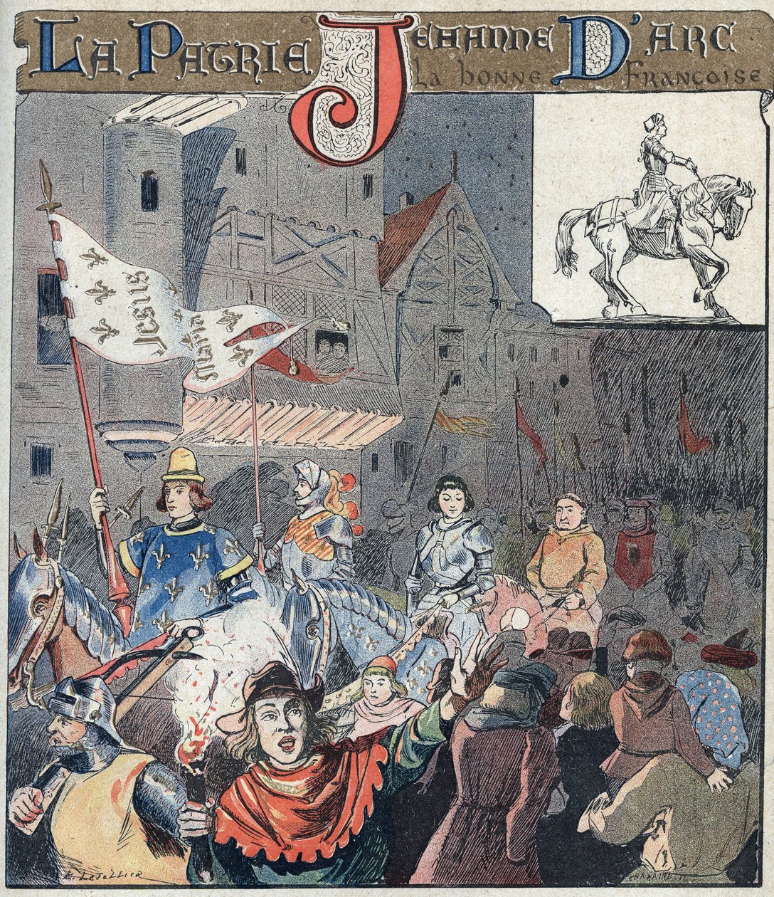 Vstup Johanky z Arku do Orleansu 8. května 1429 - Z ochranného pouzdra na učebnice, konec 19. století - Stoletá válka: Vstup Johanky z Arku (1412-1431) v Orleansu 8. května 1429 - ilustrace E Letellier - Protege notebook histo od E. Letellier