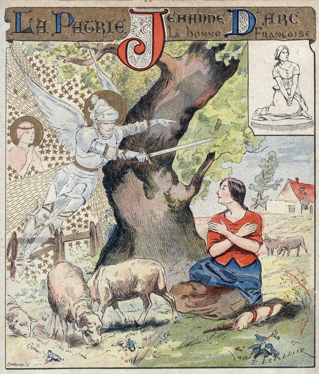Mladá Johanka z Arku (1412-1431) naslouchající hlasu andělů, kteří ji žádají, aby přišla na pomoc Francii během stoleté války - Z ochranného obalu na učebnice, konec 19. století - Mladá Johanka z Arku (1412 -1431) poslouchat hlas od E. Letellier