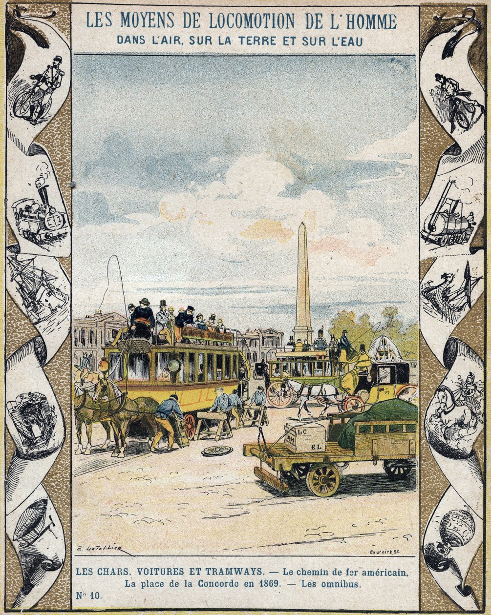 Provoz na Place de la Concorde v Paříži v roce 1869: omnibus tažený koňmi a „“chemin de fer americain“ (tramvajová linka) – Z ochranného obalu na učebnice, konec 19. století – Tanky, auta a tramvaje: Americká železnice, Place de Concorde de od E. Letellier