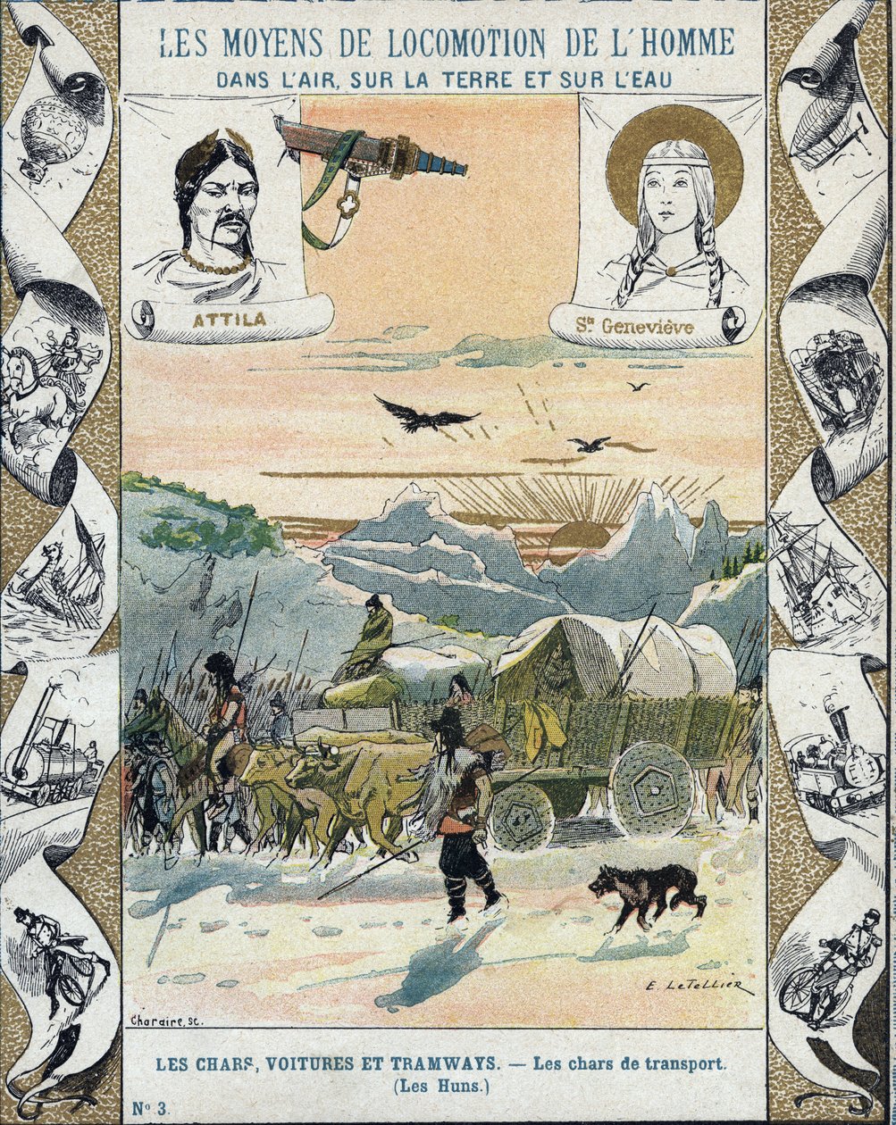 Transportní tanky - Hunové z Attily (asi 395-453) - Invaze barbarů - ilustrace E Letellier - Chrání historický zápisník, konec 19. století - od E. Letellier