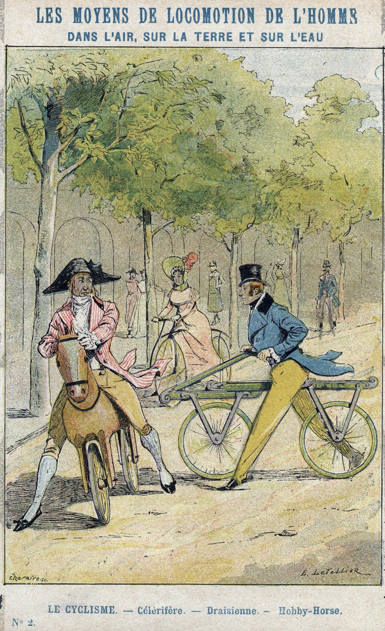 Velocipedes - Anglický celerifere - Draisienne, předchůdce jízdního kola - Z ochranného pouzdra na učebnice, konec 19. století - ilustrace E Letellier - Celerifere - Draisienne - Hobby-Horse (Nobby Horse) - Chránit notebook historique, fin 19t od E. Letellier