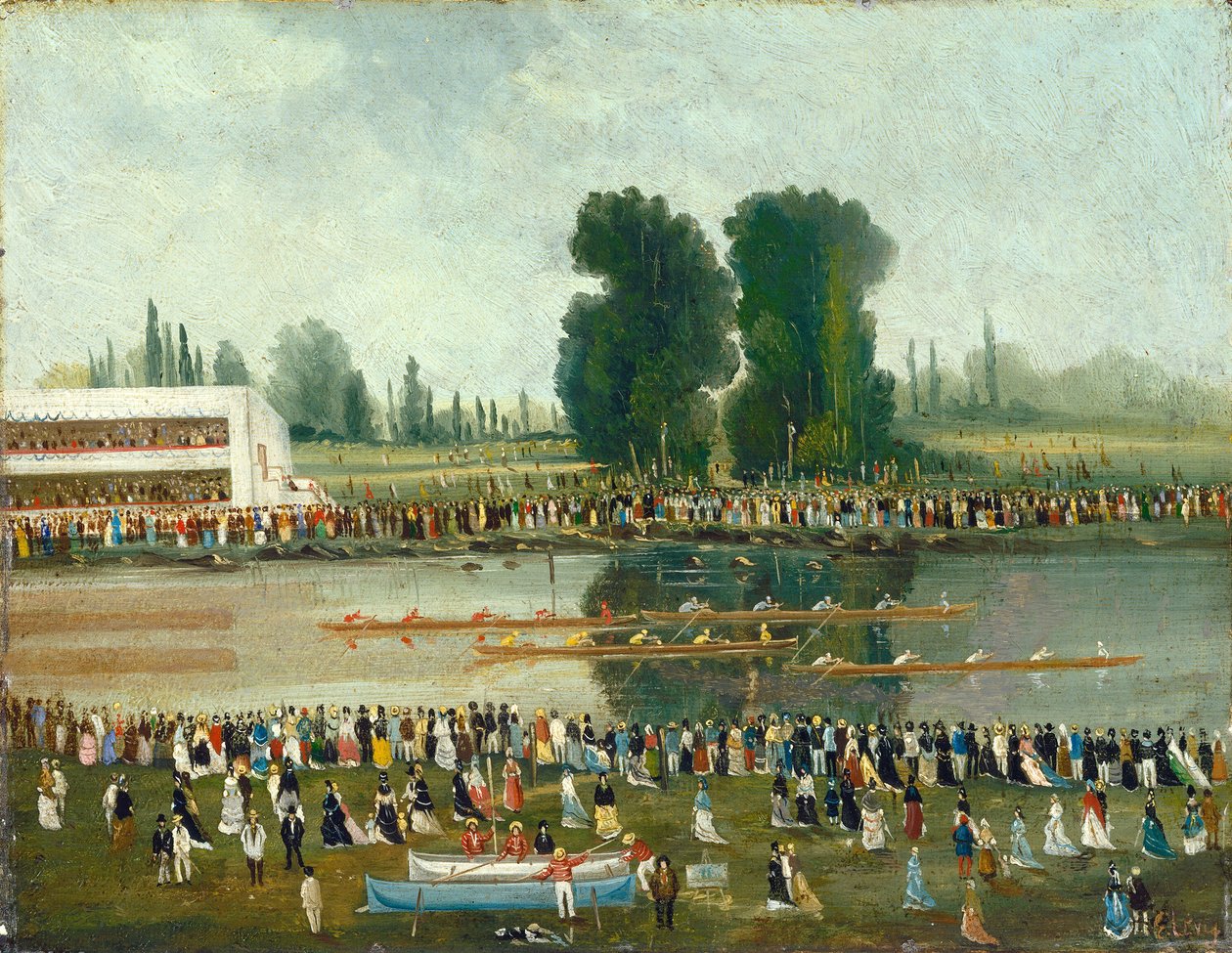 Veslovací scéna: Davy pozorující z břehů řek, konec 19. století. od E. Levy
