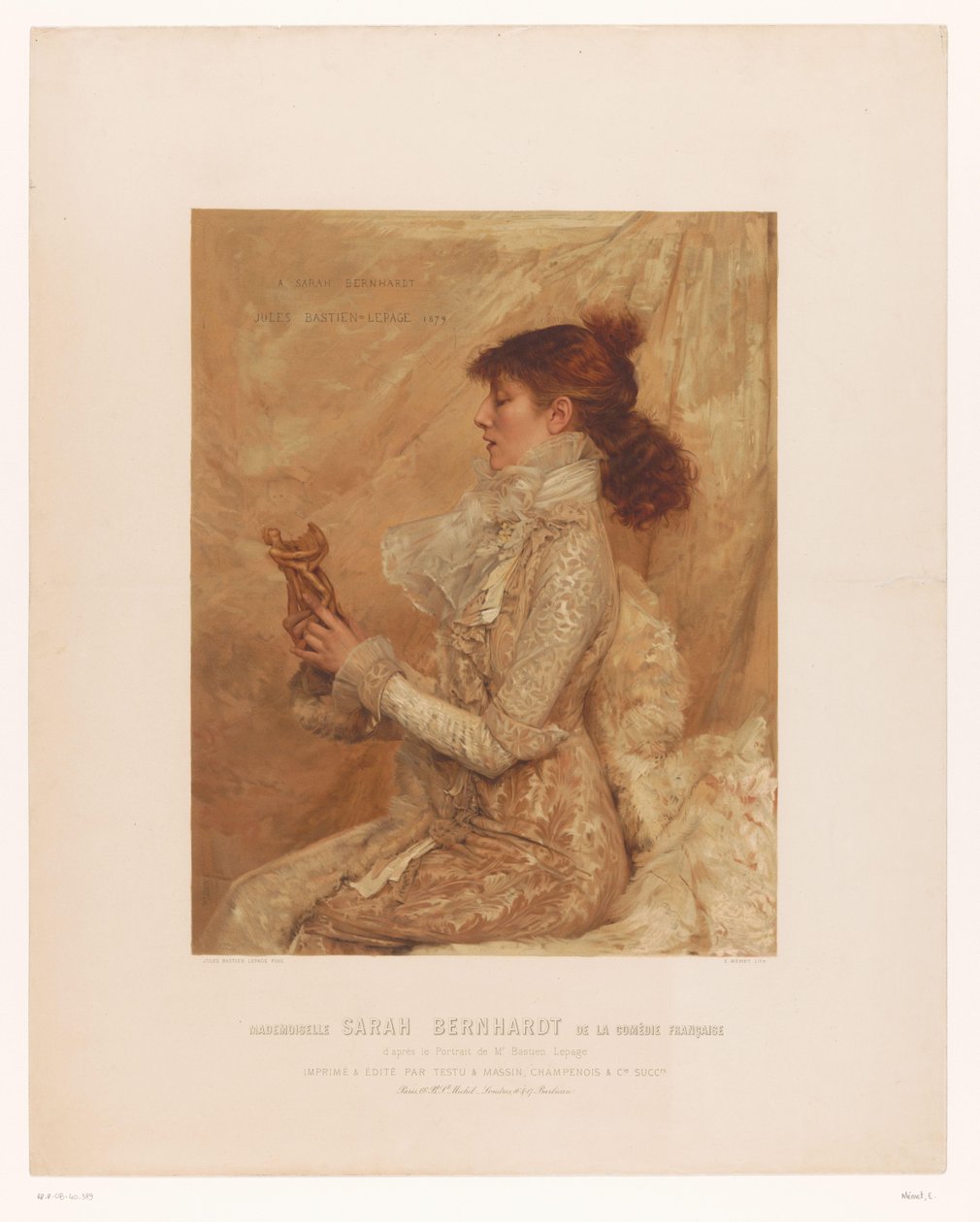 Portrét Sarah Bernhardt Mademoiselle Sarah Bernhardt z francouzské komedie (název na objektu) od E. Mémet