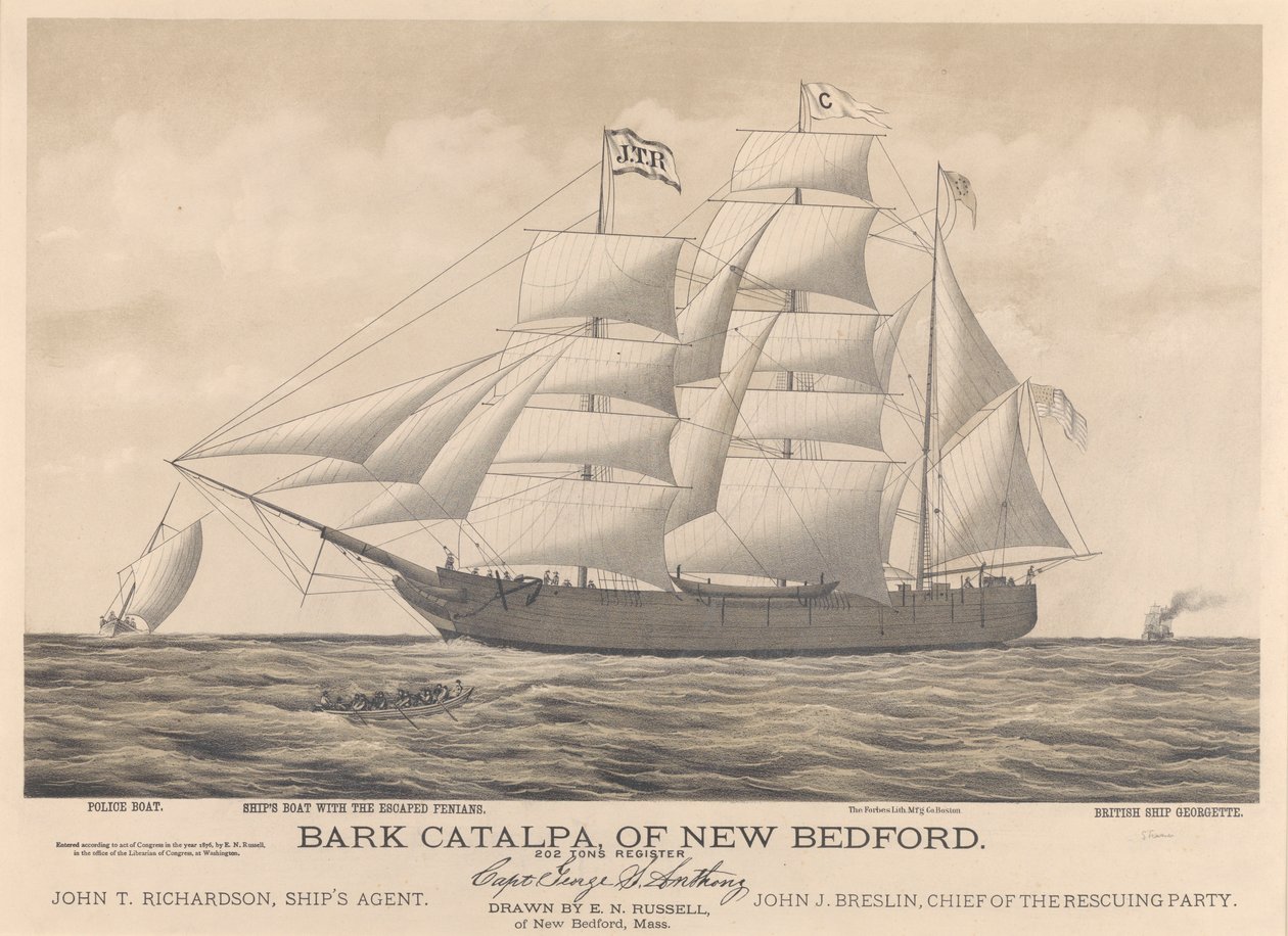 Bark Catalpa z New Bedfordu, policejní člun, lodní člun a britská loď Georgette od E. N. Russell