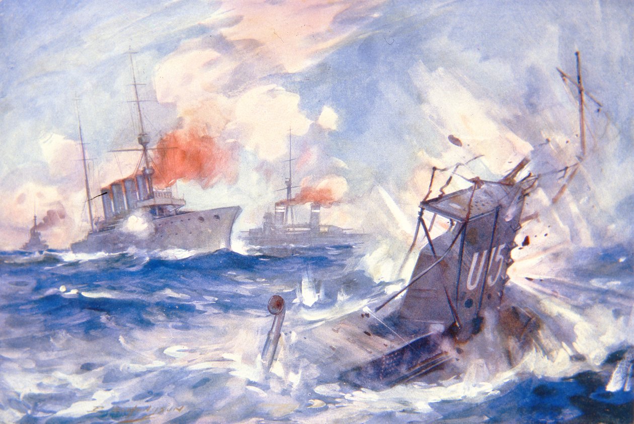 Potopení německé ponorky U15 od HMS Birmingham (barevné lito) od E. S. (after) Hodgson
