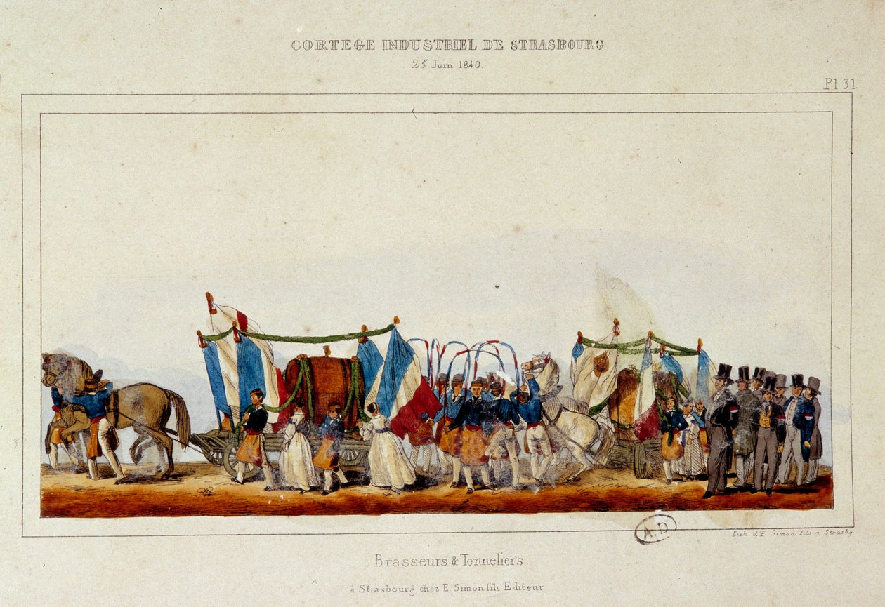 Tanec sládků a bednářů během průmyslového průvodu ve Štrasburku 25.6.1840. Simonova litografie od E. Simon