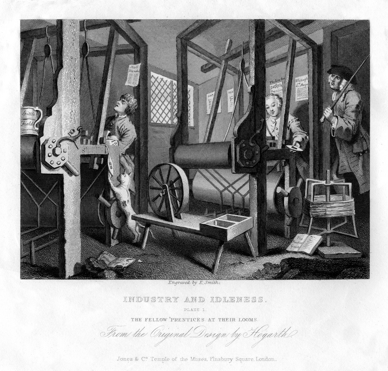 Kolegové prentice u jejich tkalcovských stavů, deska I of Industry and Idleness, 1833. od E. Smith
