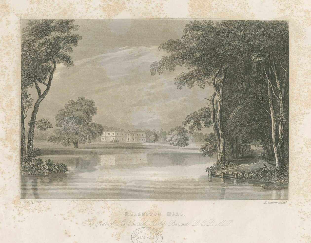 Rolleston Hall: čárová rytina, nd [c 1840] od E Stalker