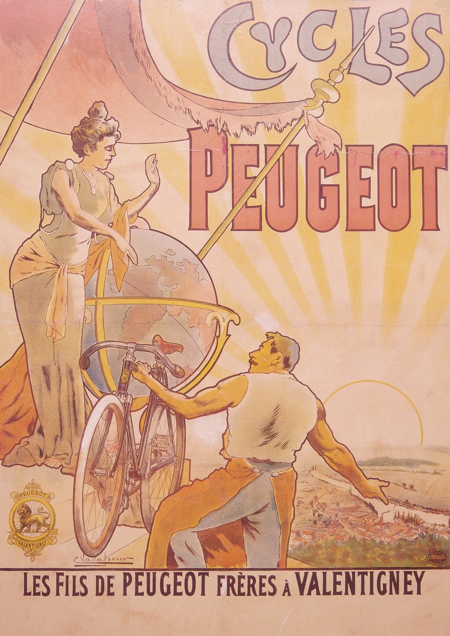 Reklamní plakát na jízdní kola Peugeot, konec 19.-začátek 20. století od E Vavasseur