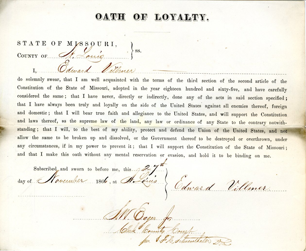 Věrnostní přísaha Edwarda Villmera z Missouri, hrabství St. Louis od E. Villmer