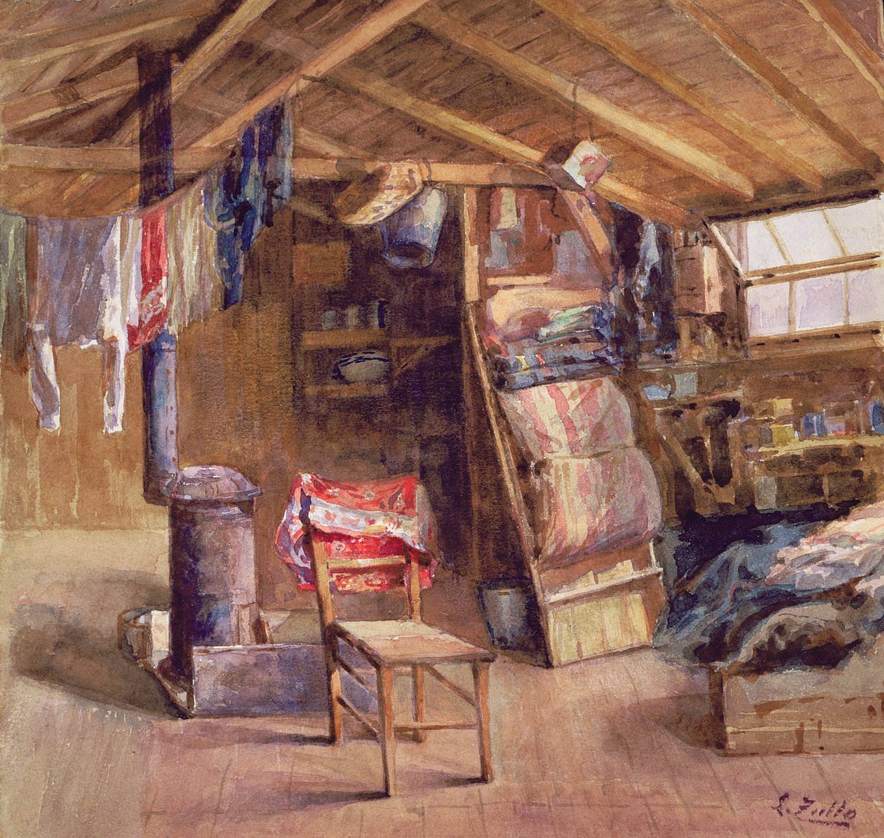A Garret Interior, cca 1860 (akvarel na papíře) od E. Zoello