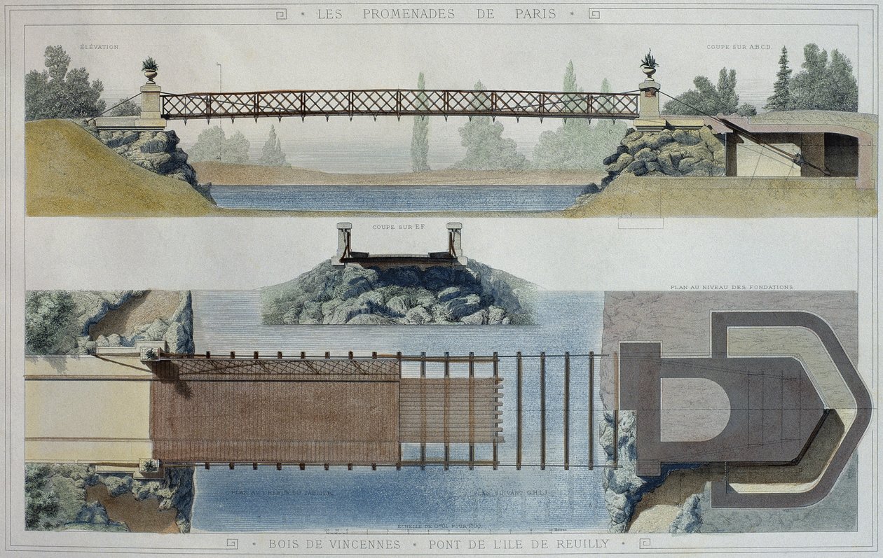 Bois de Vincennes a most na ostrově Reuilly, ilustrace z „Promenades de Paris“, vyryl Jean Joseph Sulpis (1826-1911) od E. and Dardoize, Louis Emile Hochereau