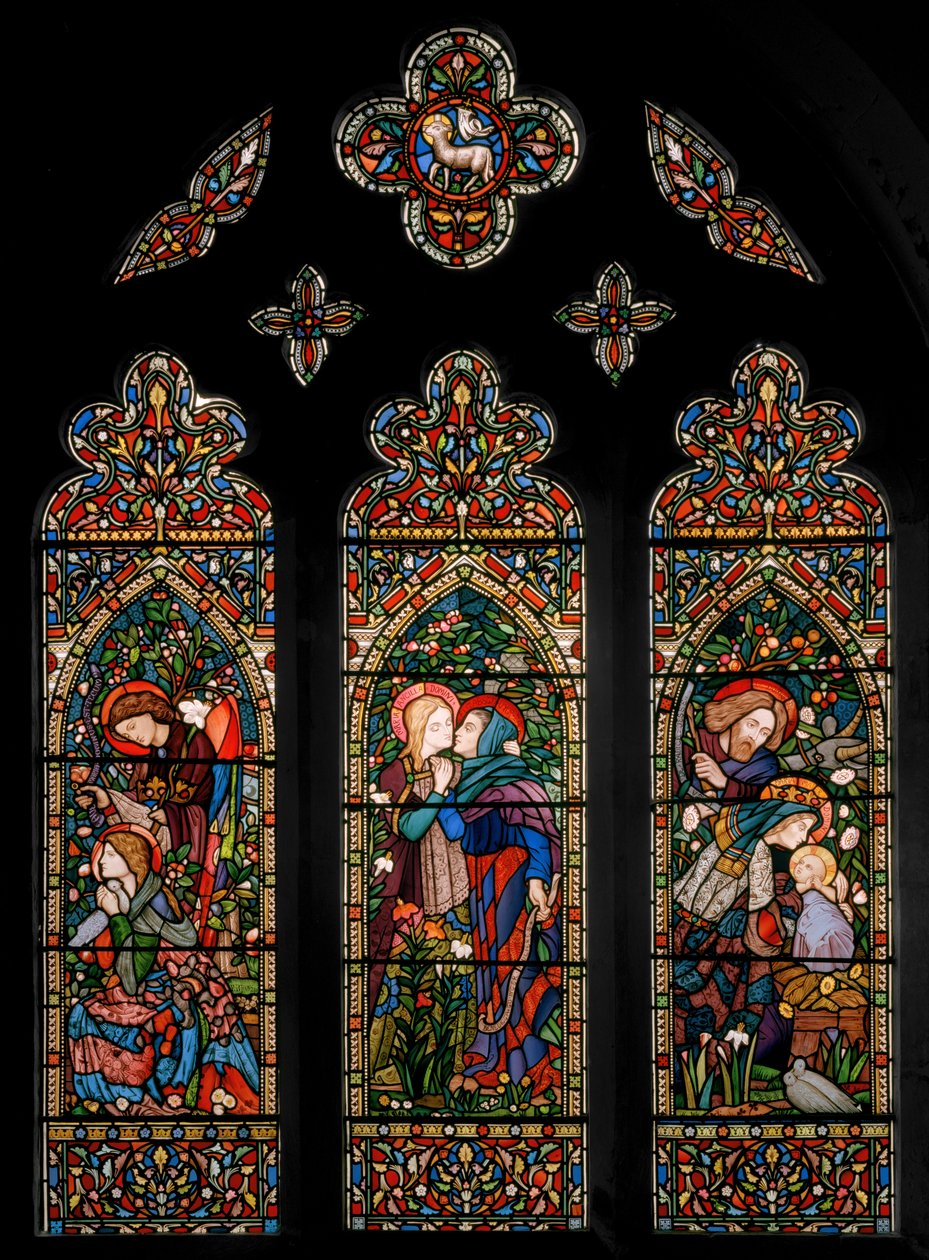 Zvěstování, Navštívení a Narození Páně, kolem roku 1860 od E. and Halliday Burne Jones