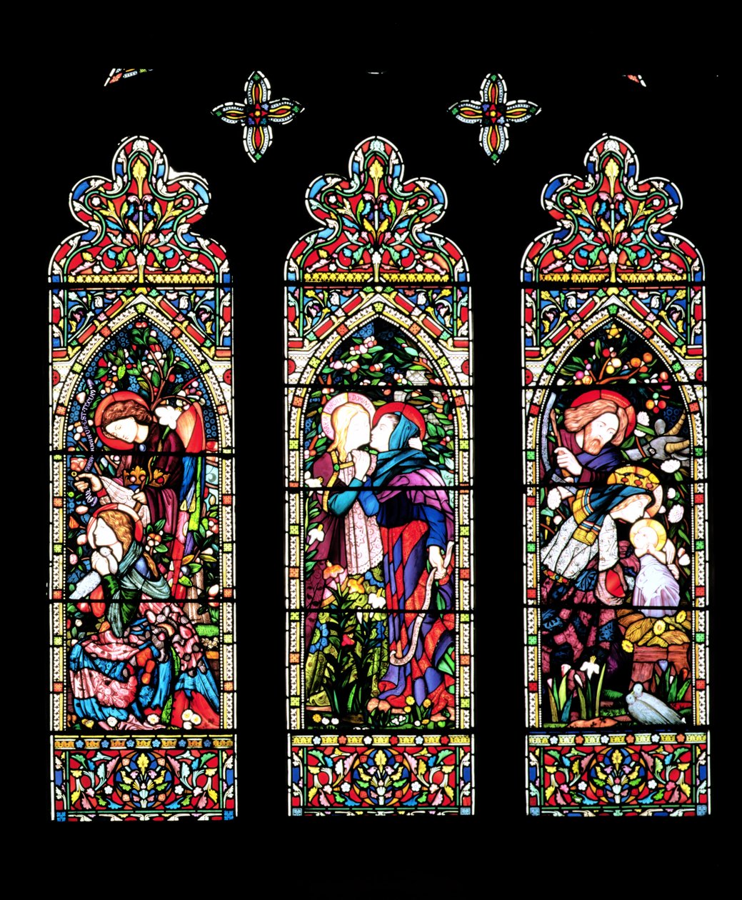 Zvěstování, Navštívení a Narození Páně od Laversa a Barrauda, 1860 (vitráže) (viz také 11886) od E. and Halliday, M. F. Burne Jones