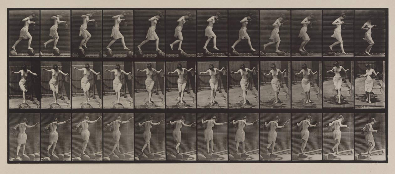 Číslo desky 175. Překročení potoka na schodech s rybářským prutem a plechovkou, 1887 (kolotyp) od Eadweard Muybridge
