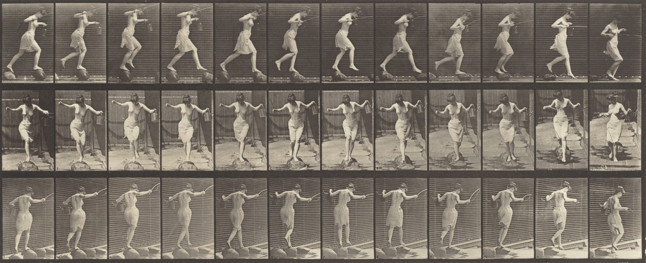 Číslo desky 175. Překročení potoka na nášlapných kamenech s rybářským prutem a plechovkou, 1887. od Eadweard Muybridge