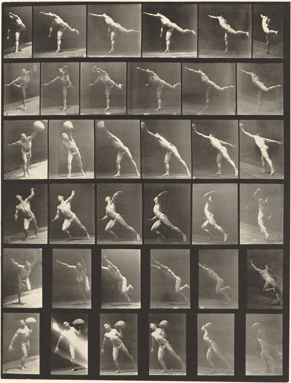 Talíř číslo 523. A: Úder. B, E: Vrhací disk. C, F: Zvedání 75-lb. Kámen..., 1887. od Eadweard Muybridge