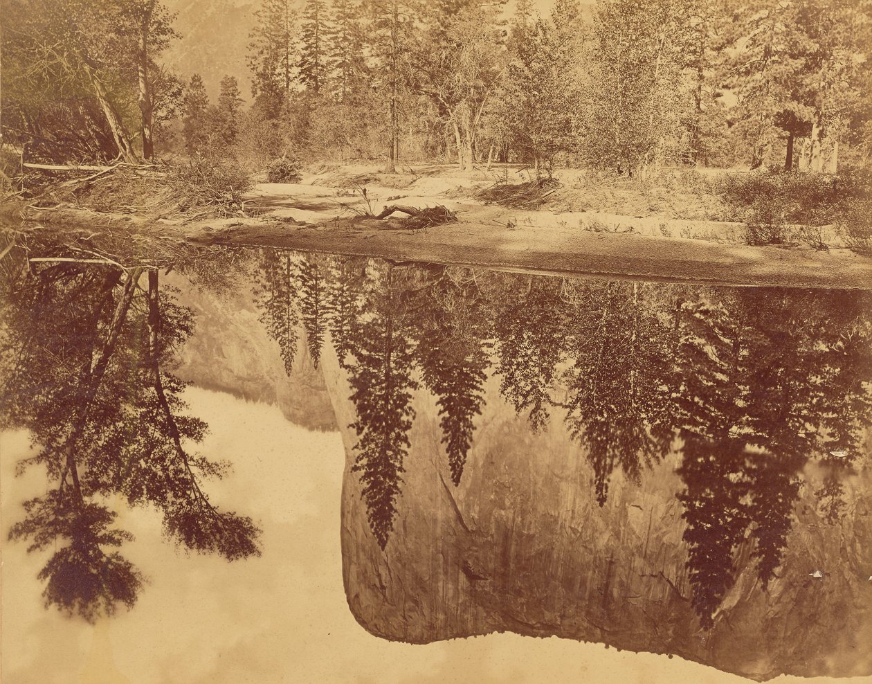 Tutokanula.  Údolí Yosemitů.  (Velký náčelník) - "El Capitan" - Odraz v řece Merced. od Eadweard J. Muybridge