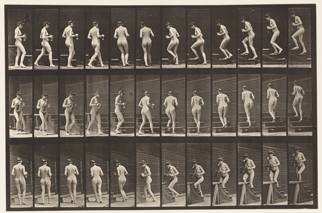 Talíř 103. Otáčivé a stoupající schody, džbán a pohár v rukou, 1872-1885 od Eadweard Muybridge