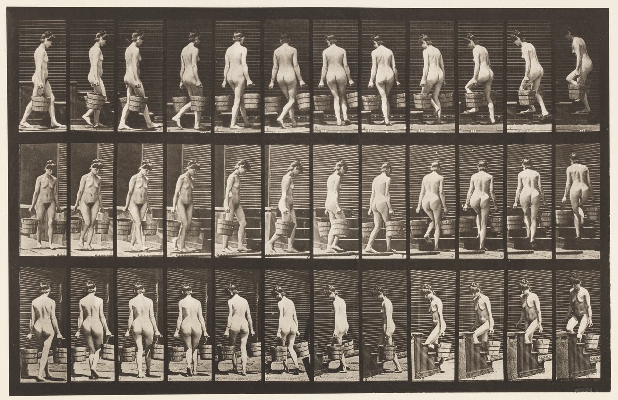 Talíř 104. Otáčivé a stoupající schody, vědro vody v každé ruce, 1872-1885 od Eadweard Muybridge