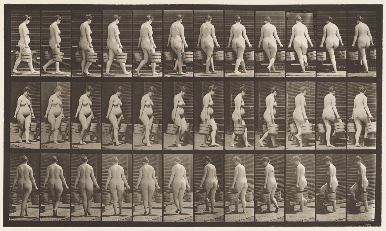 Talíř 106. Turning to Ascend Stairs, vědro vody v každé ruce, 1872-1885 od Eadweard Muybridge