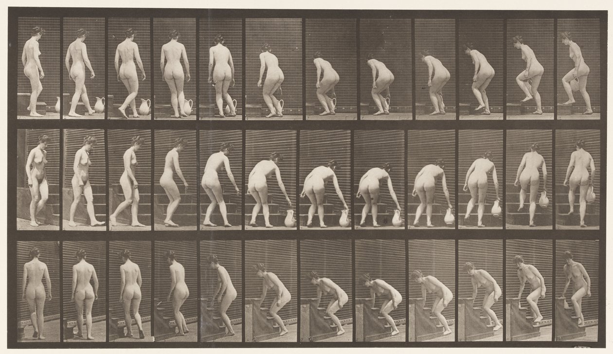 Talíř 108. Otáčet se po schodech nahoru, sklánět se, zvednout džbán, 1872-1885 od Eadweard Muybridge