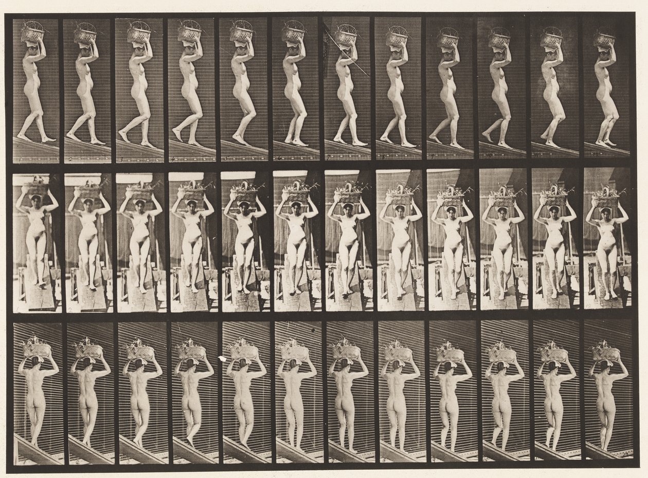 Talíř 123. Sestupný sklon, 20 lb koš na hlavě, zvednuté ruce, 1872-1885 od Eadweard Muybridge