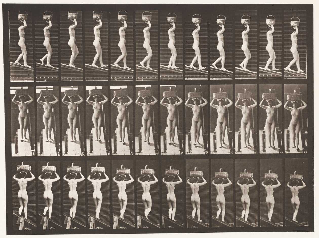 Talíř 124. Sestupný sklon, 20 lb koš na hlavě, zvednuté ruce, 1872-1885 od Eadweard Muybridge