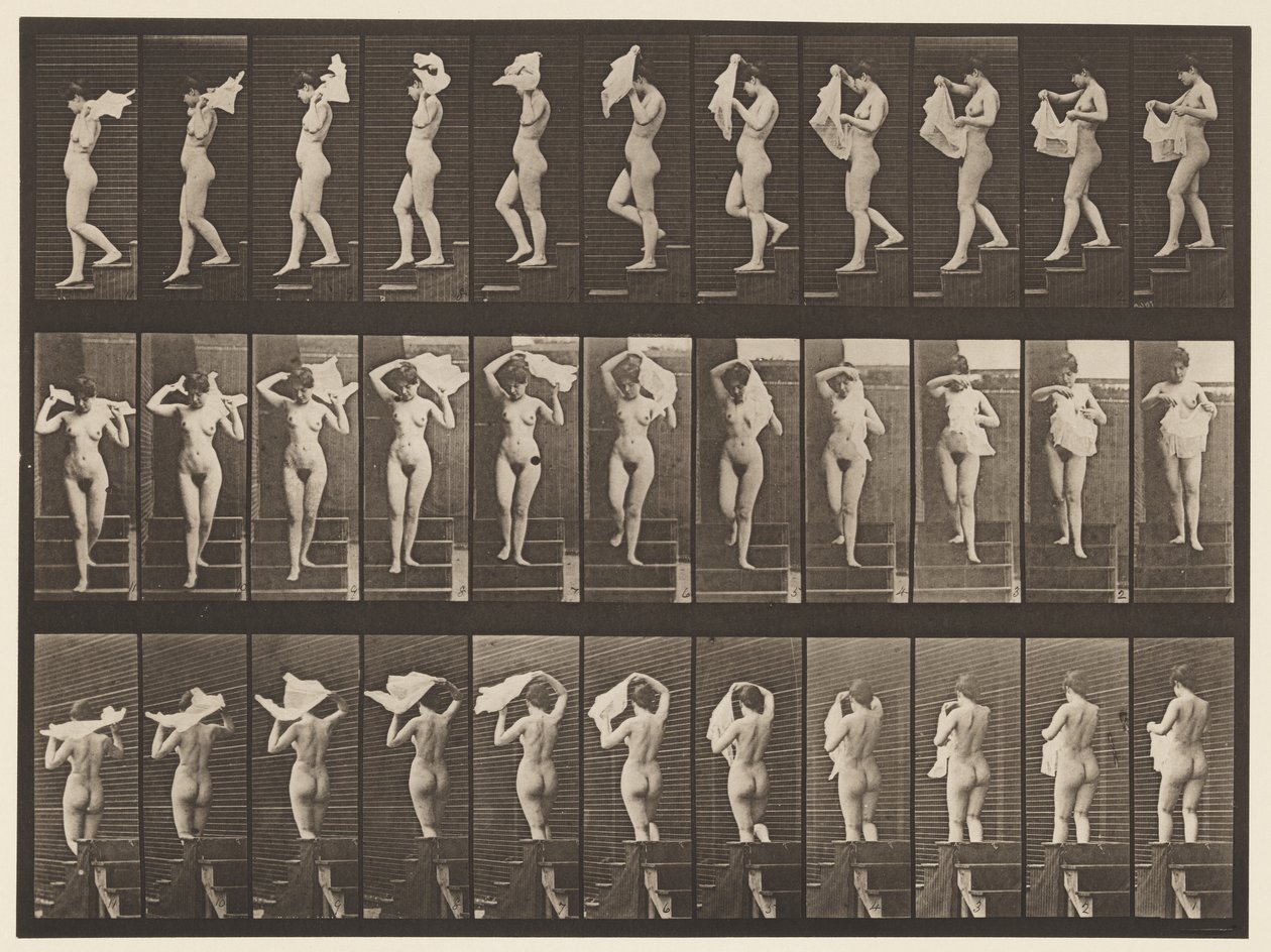 Talíř 133. Sestupné schody, házení kapesníku přes ramena, 1872-1885 od Eadweard Muybridge