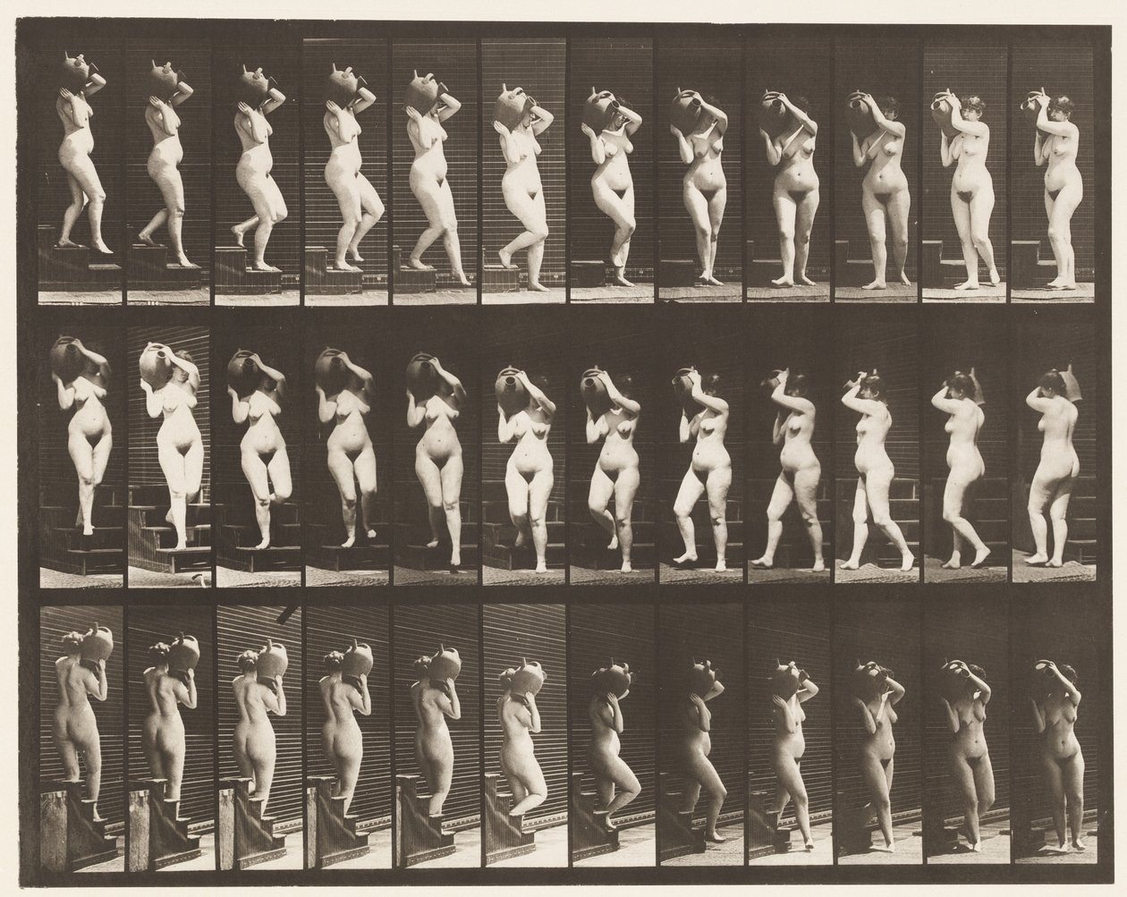 Talíř 147. Sestupné schody; Otočení nádoby na vodu na pravém rameni, 1872-1885 od Eadweard Muybridge