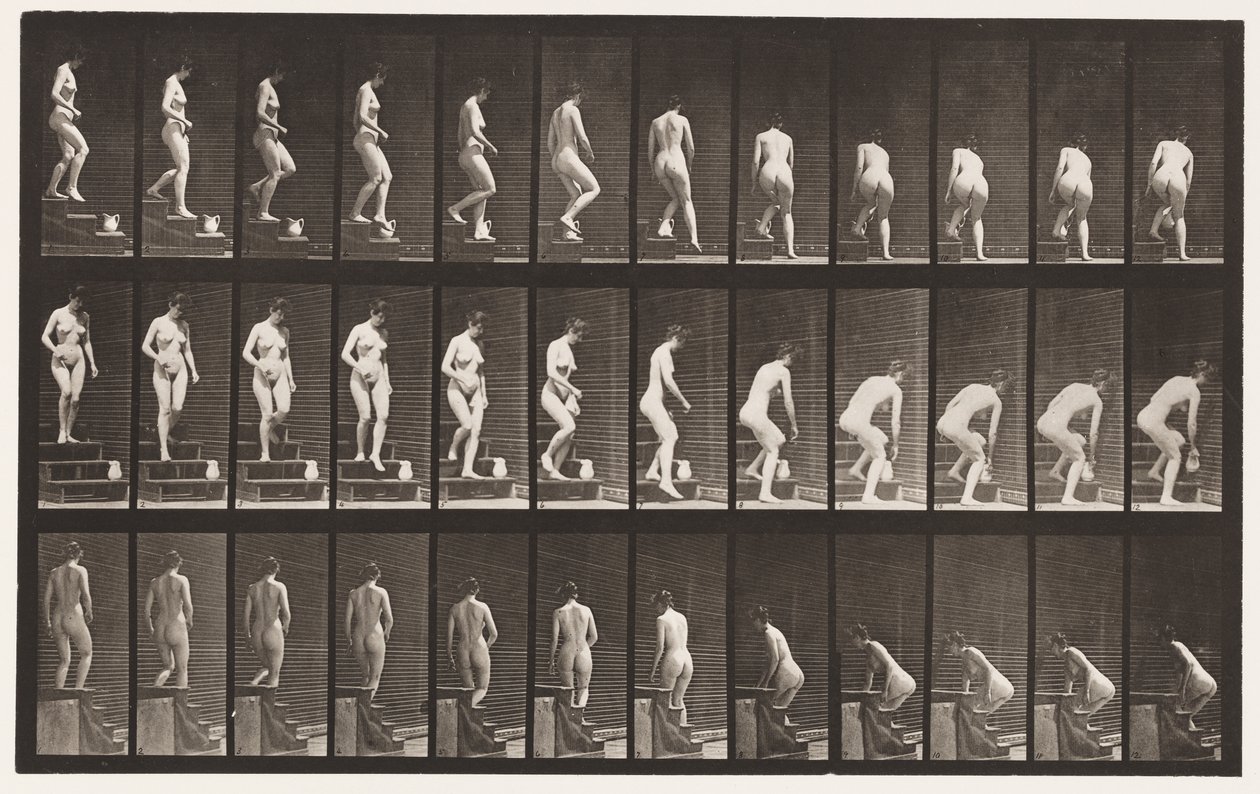 Talíř 149. Sestupné schody; Shýbání se, aby zvedl džbán, 1872-1885 od Eadweard Muybridge