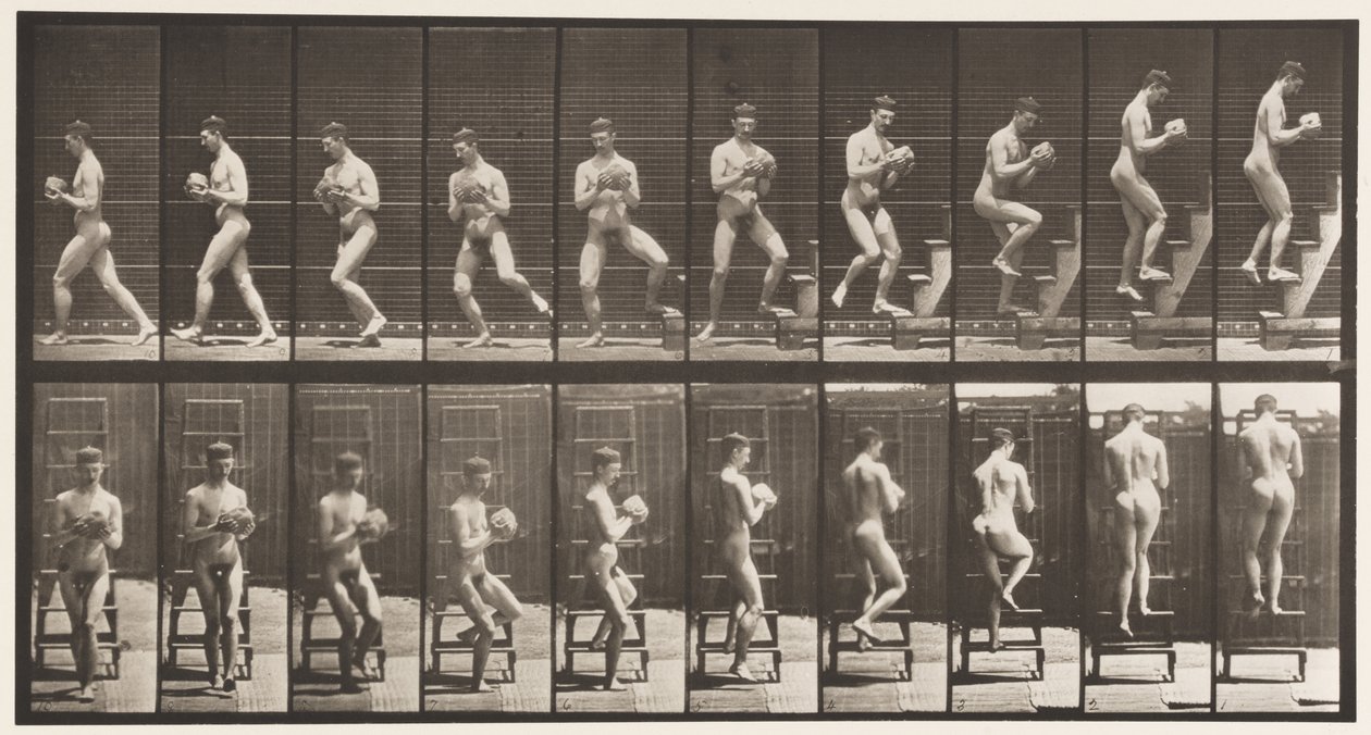 Talíř 151. Sestupný žebřík, točení kolem, skála v rukou, 1872-1885 od Eadweard Muybridge
