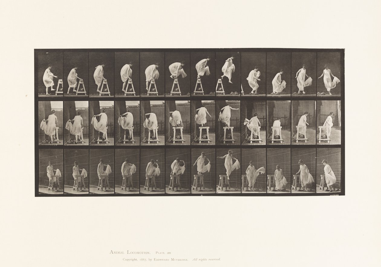 Talíř 172. Šlápnutí na kůl; Skákání dolů, otáčení, 1885 od Eadweard Muybridge