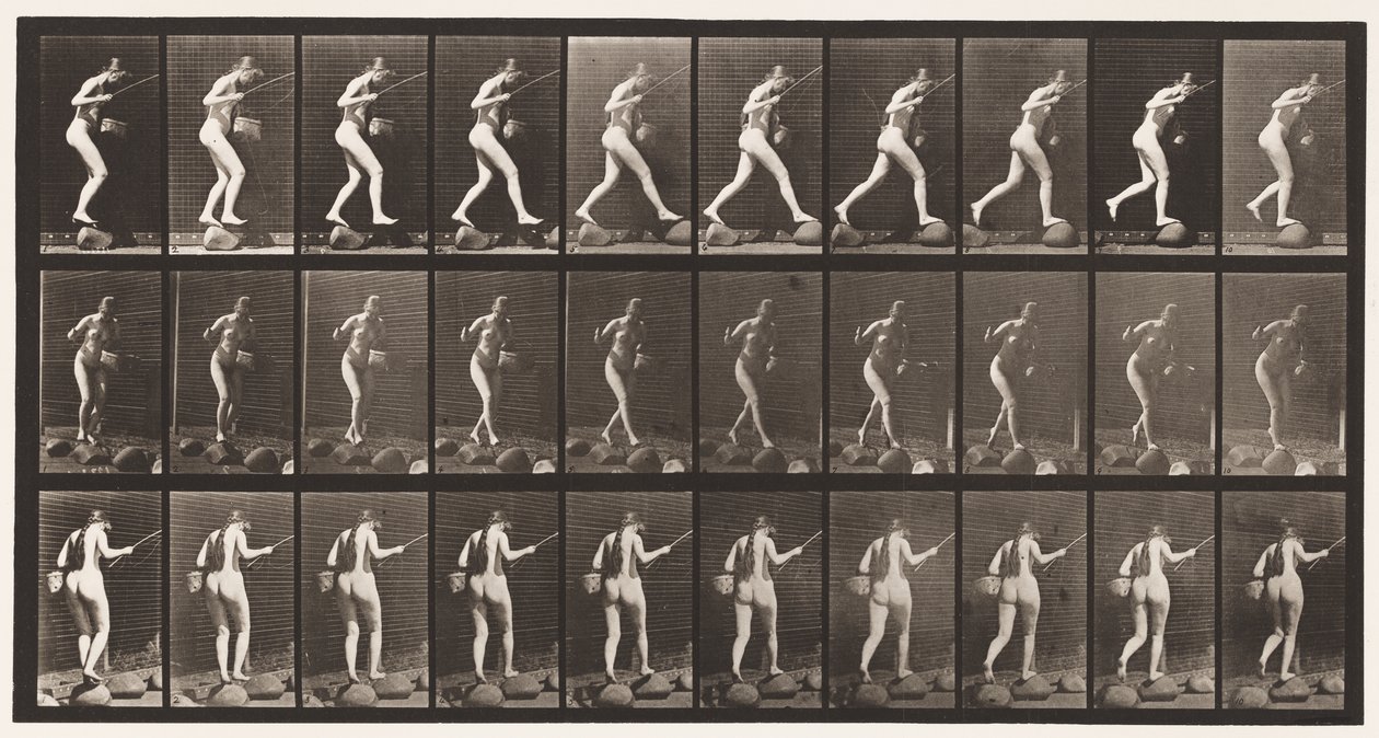 Deska 176. Překročení potoka na schodech s rybářským prutem a košíkem od Eadweard Muybridge