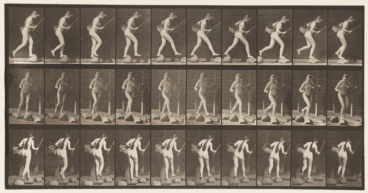 Deska 177. Crossing Brook on Stepstones with Fishing-Pole & Basket od Eadweard Muybridge