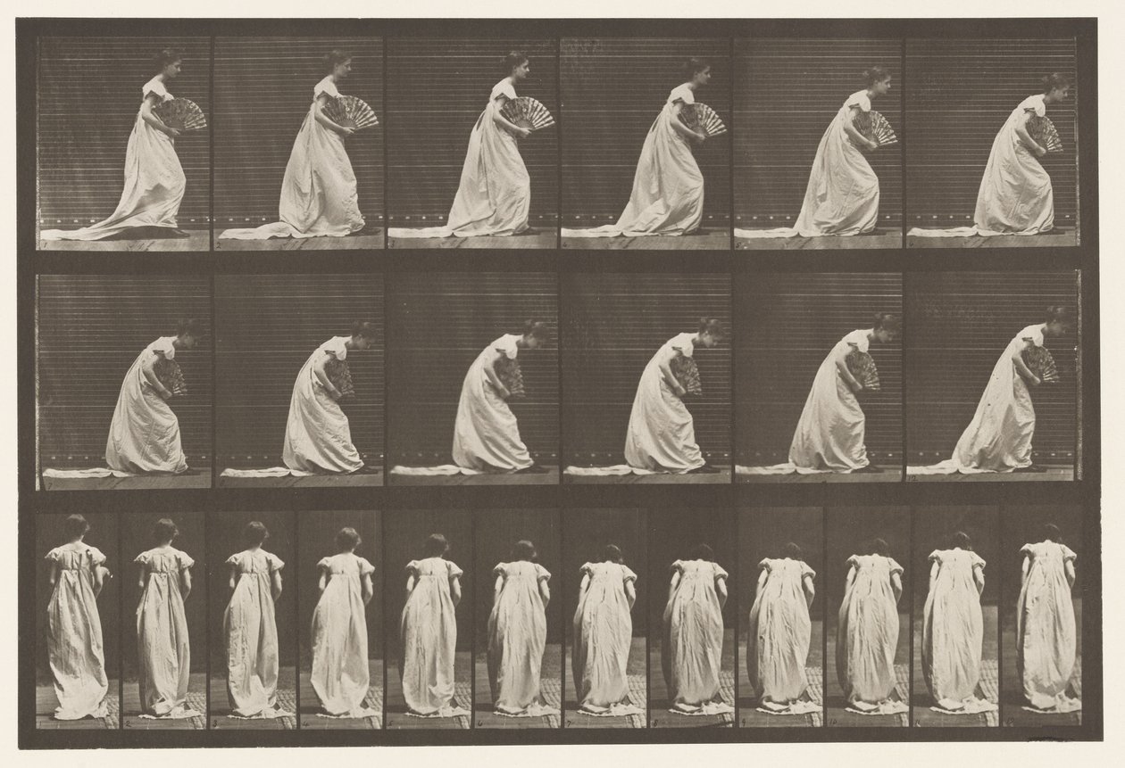 Talíř 199. Kurtseying, ventilátor v pravé ruce, 1885 od Eadweard Muybridge