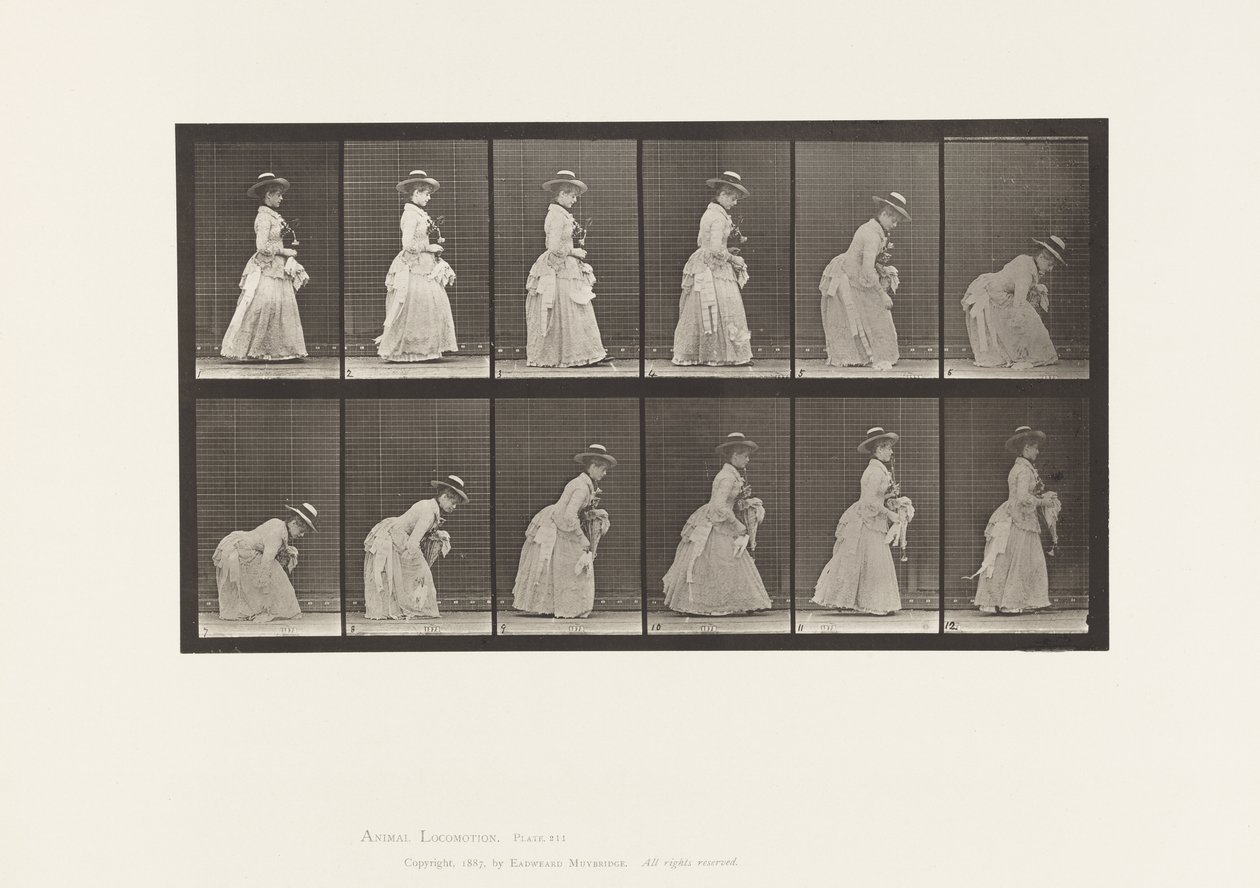 Talíř 211. Shýbání a zvedání šátku; Slunečník v levé ruce, 1885 od Eadweard Muybridge