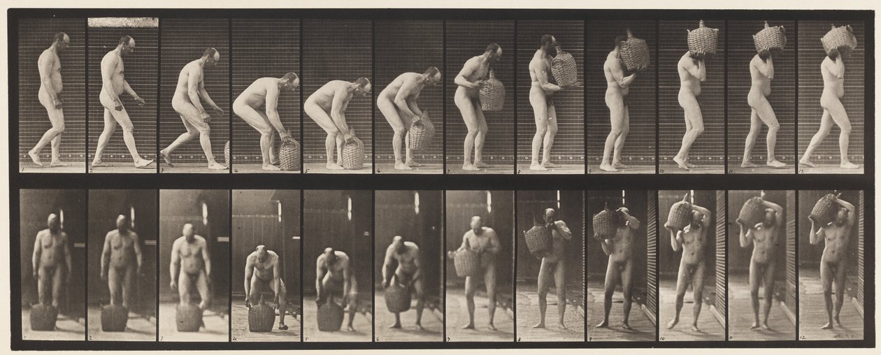 Talíř 218. Shýbání a zvednutí plného demižonu na rameno od Eadweard Muybridge