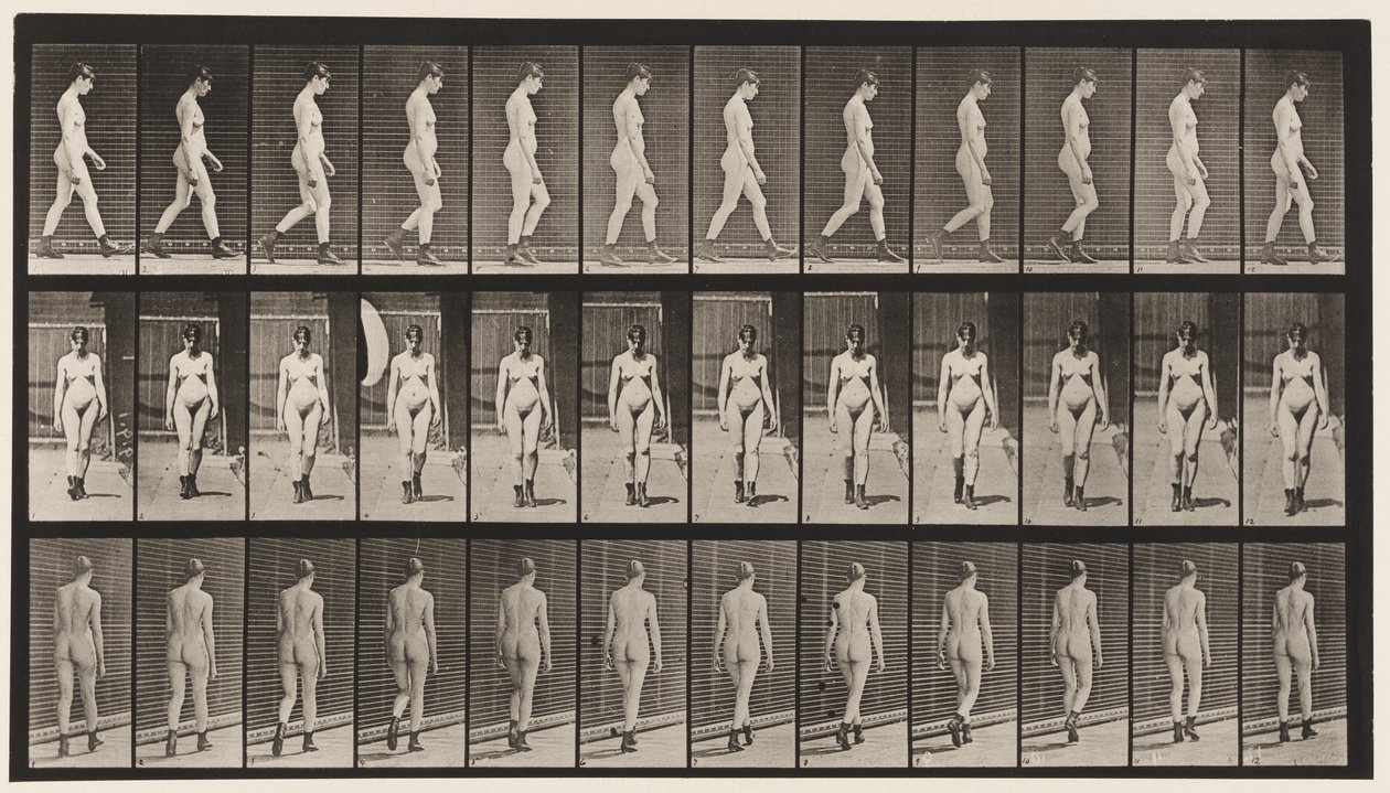 Talíř 22. Chůze, v botách na vysokém podpatku, 1872-1885 od Eadweard Muybridge
