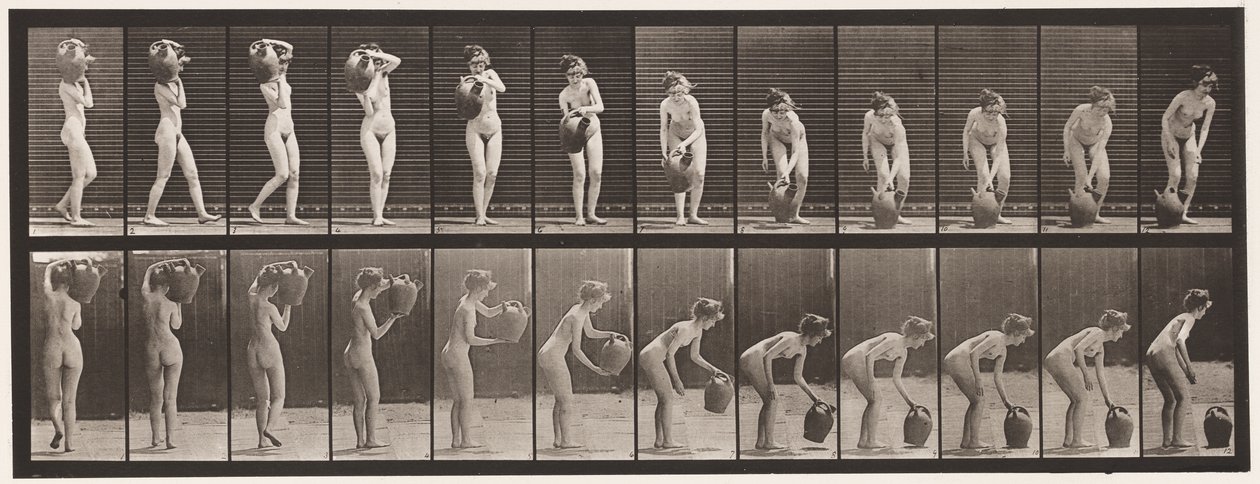 Talíř 235. Otáčení a vyjímání nádoby na vodu z ramene na zem, 1872-1885 od Eadweard Muybridge