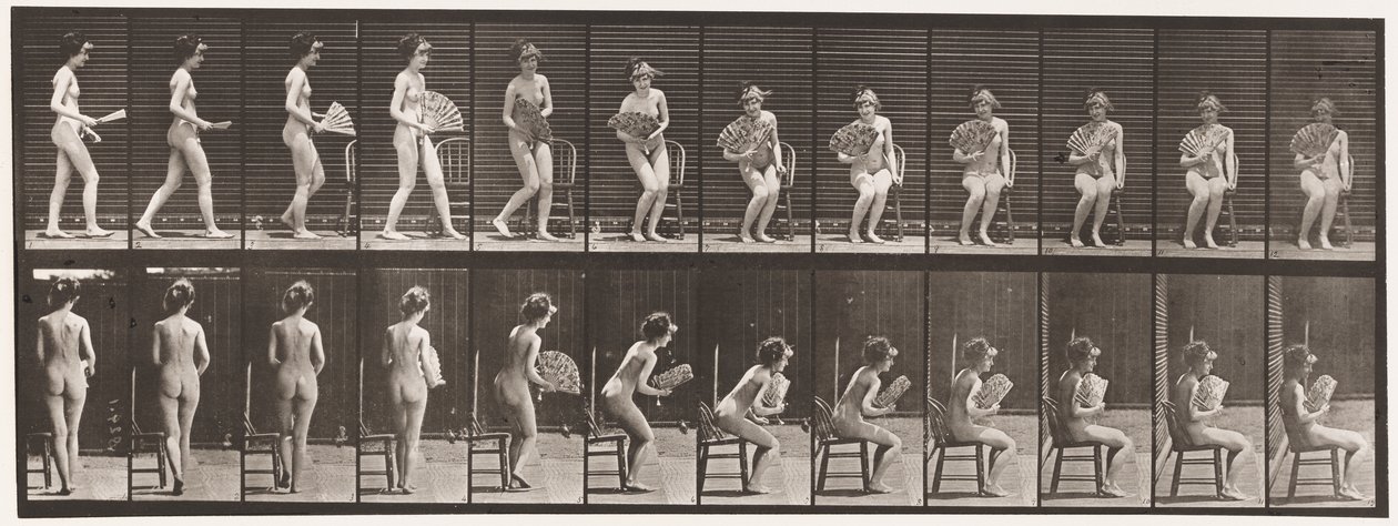 Talíř 237. Sedí na židli a otevírá ventilátor, 1872-1885 od Eadweard Muybridge