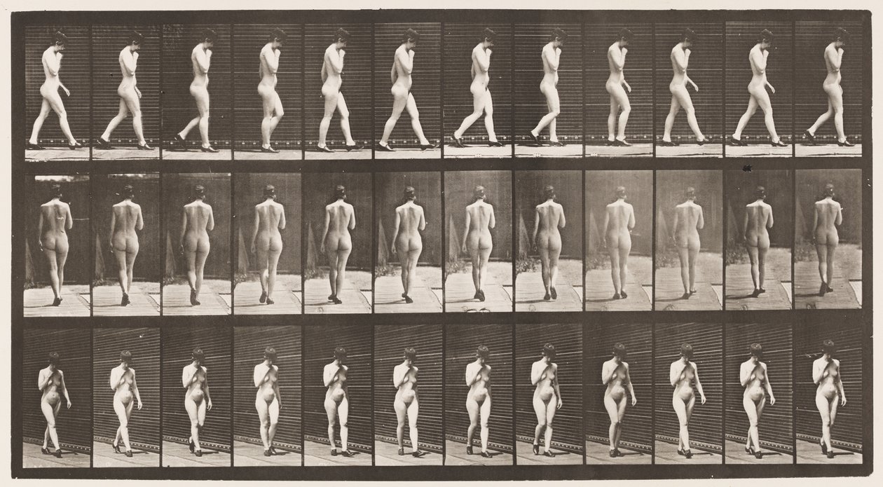 Talíř 23. Chůze, pravá ruka na bradě, boty na vysokém podpatku od Eadweard Muybridge