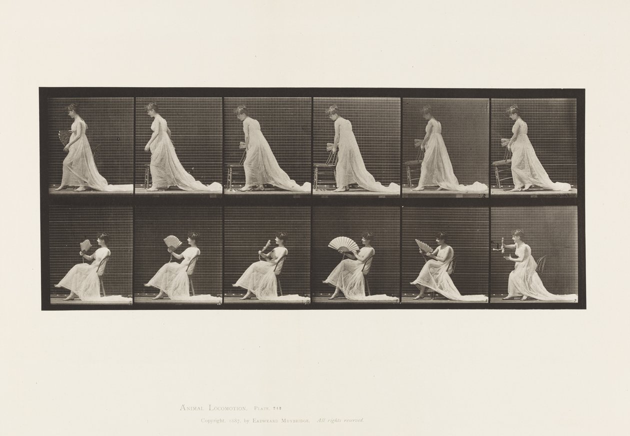 Talíř 242. Umístění židle, sezení a flirtování s ventilátorem, 1885 od Eadweard Muybridge