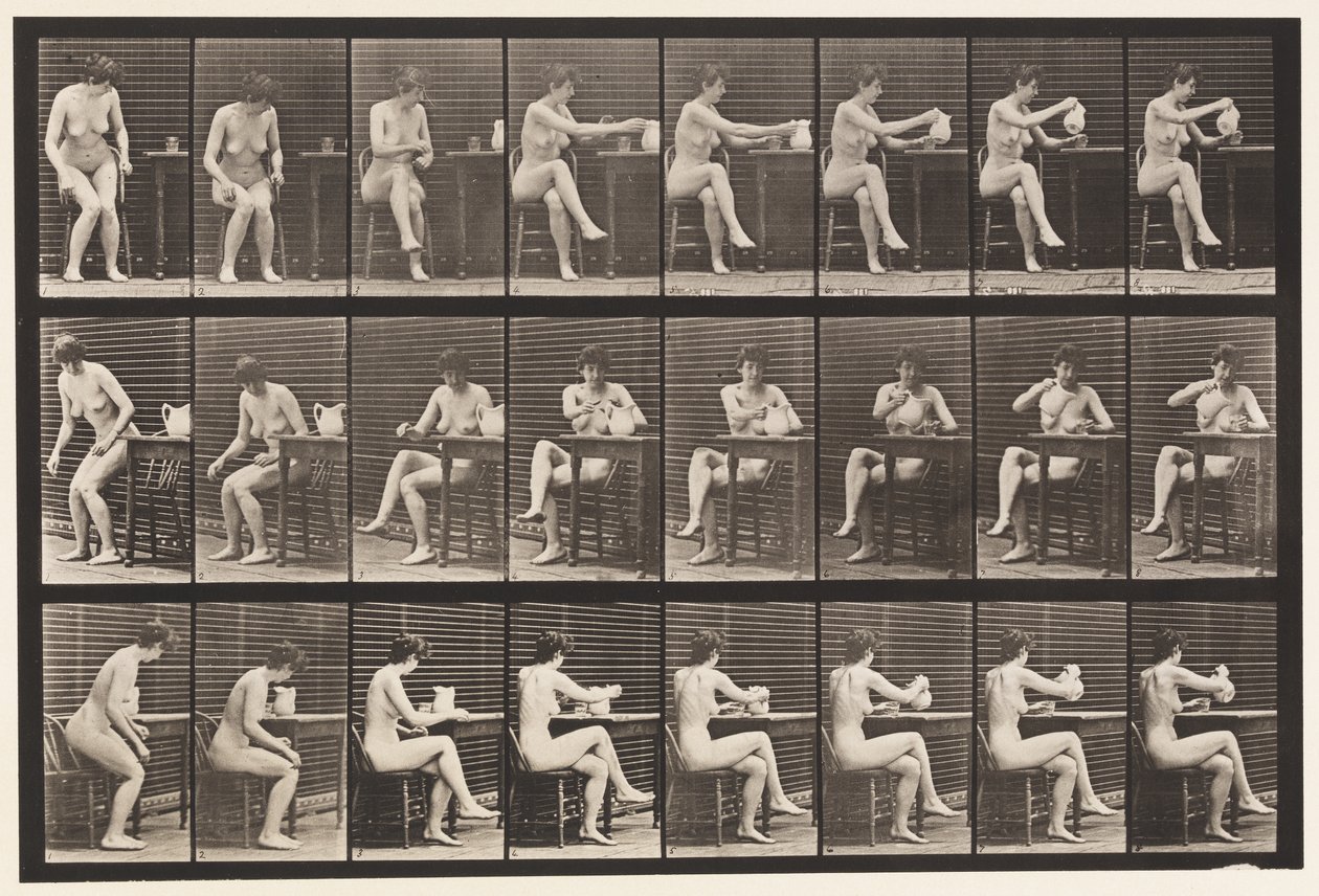 Talíř 244. Sedící zkřížené nohy, plnící pohár ze džbánu od Eadweard Muybridge