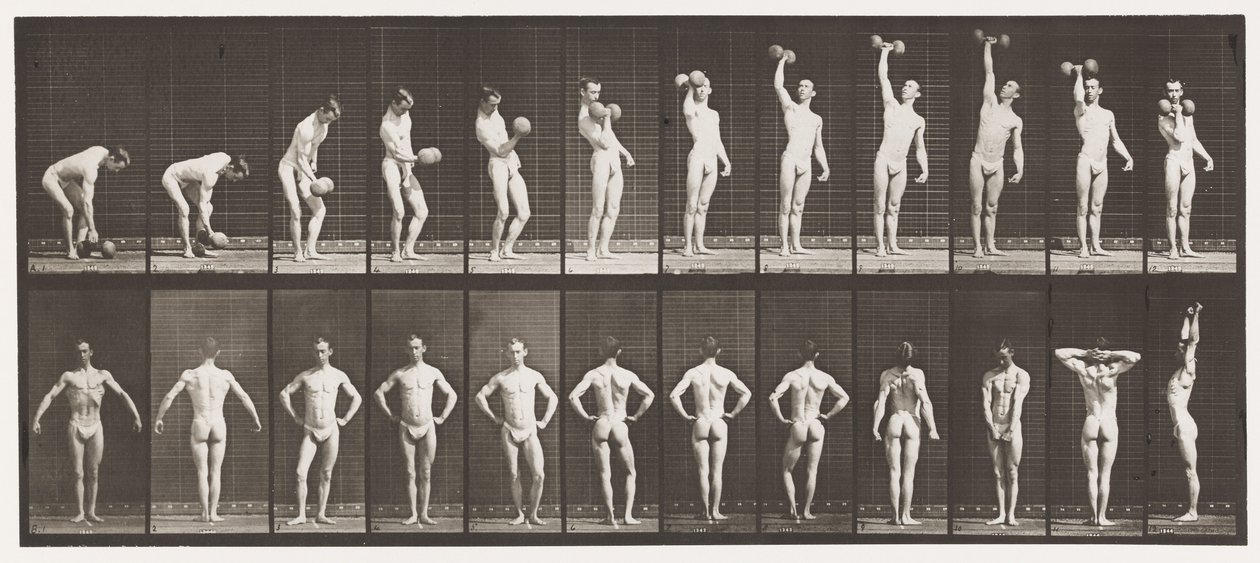 Talíř 321. A, Zvedání 50 lb Dumb-Bell; B, Pózování od Eadweard Muybridge