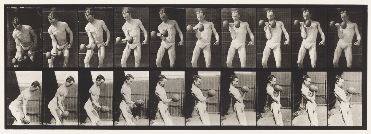 Talíř 324. Curling 50-lb. Dumb-Bell, Model, 3/4 délka od Eadweard Muybridge