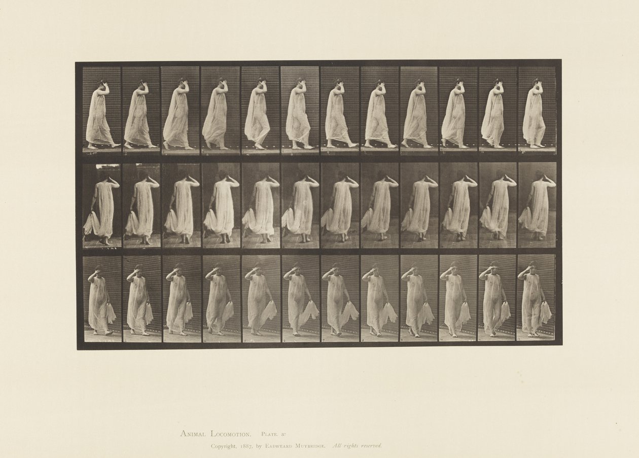 Talíř 37. Chůze, šaty držící levou rukou, pravá ruka v obličeji, 1872-1885 od Eadweard Muybridge